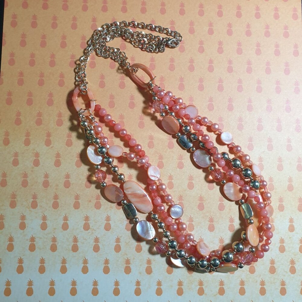 Multi Strand Pink Orange Beaded Necklace Dyed Mother Of Pearl Acrylic Vintage